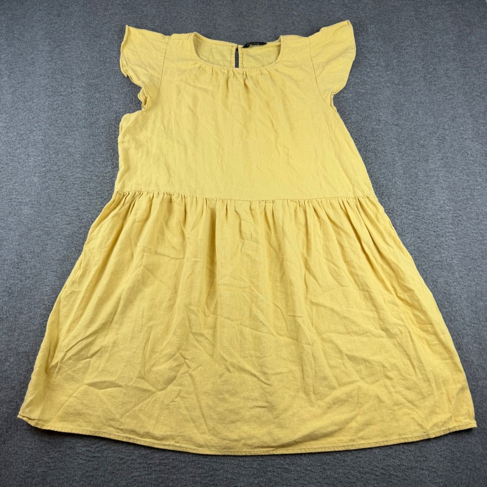Banana Republic Babydoll Dress Women's Large Yellow Linen Blend Flutter Sleeve
